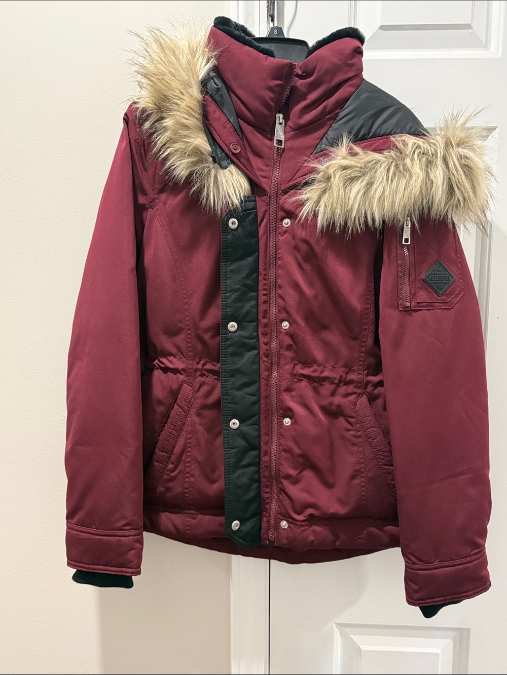 Hollister Burgundy Puffer Jacket with Faux-Fur Hood